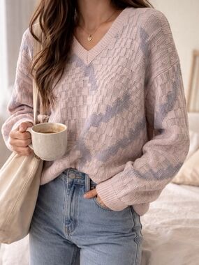 Vintage Cooper Argyle Sweater Pink Grey Oversized V Neck Cottagecore